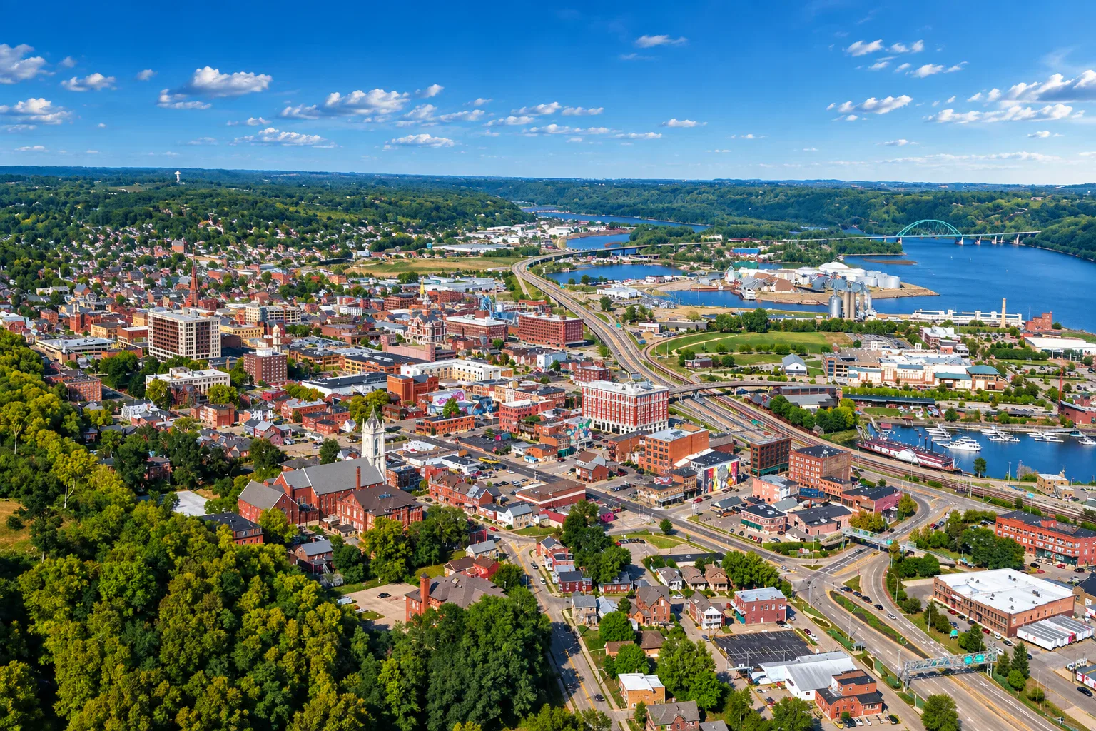 Daytime aerial view of downtown Dubuque, Iowa and the Mississippi River